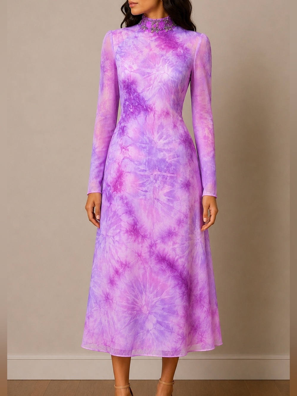 HANDMADE TIFFANYSLABEL LAVENDER TIE-DYE HIGH NECK | MIDI DRESS | LARGE(10/12)